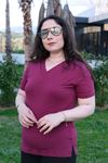 RENKTE BORDO GENİŞ KESİM V YAKA PAMUKLU ESNEK BLUZ