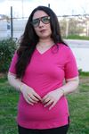 RENKTE FUŞYA GENİŞ KESİM V YAKA PAMUKLU ESNEK BLUZ