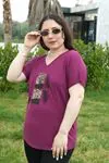 RENKTE BÜYÜK BEDEN PULLU YAPRAK NAKIŞLI MOR BLUZ