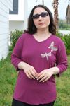 RENKTE BÜYÜK BEDEN KELEBEK YUSUFCUK PULLU NAKIŞLI MOR BLUZ