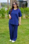 RENKTE GENİŞ KESİM DANTELLİ LACİVERT MODAL TAKIM
