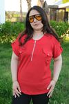 RENKTE BÜYÜK BEDEN FERMUARLI APOLETLİ KIRMIZI BLUZ