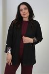RENKTE BÜYÜK BEDEN LEOPAR DETAYLI SİYAH BLAZER CEKET