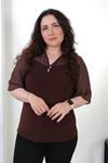 RENKTE BÜYÜK BEDEN ŞİFON KOLLU DÜĞMELİ KAHVERENGİ BLUZ