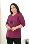 RENKTE BÜYÜK BEDEN YAPRAK TAŞLI MOR BLUZ