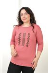 RENKTE BÜYÜK BEDEN DİKİNE 3 ETNİK DESEN TAŞLI KAPRİ KOL PUDRA BLUZ