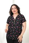 RENKTE BÜYÜK BEDEN FERMUARLI DESENLİ KISA KOL BLUZ