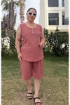 RENKTE ÖZEL ÜRETİM YAKA DETAYLI KAŞKORSE ŞORTLU PUDRA TAKIM