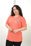 RENKTE BÜYÜK BEDEN V YAKA PULLU KUŞLU MERCAN  BLUZ