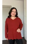 RENKTE ÖZEL ÜRETİM BÜYÜK BEDEN V YAKA YIRTMAÇLI UZUN KOL KİREMİT BLUZ