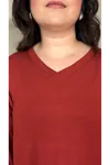 RENKTE ÖZEL ÜRETİM BÜYÜK BEDEN V YAKA YIRTMAÇLI UZUN KOL KİREMİT BLUZ