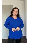RENKTE ÖZEL ÜRETİM BÜYÜK BEDEN V YAKA YIRTMAÇLI UZUN KOL SAKS BLUZ