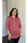 RENKTE BÜYÜK BEDEN FERMUARLI KAPRİ KOL PUDRA BLUZ